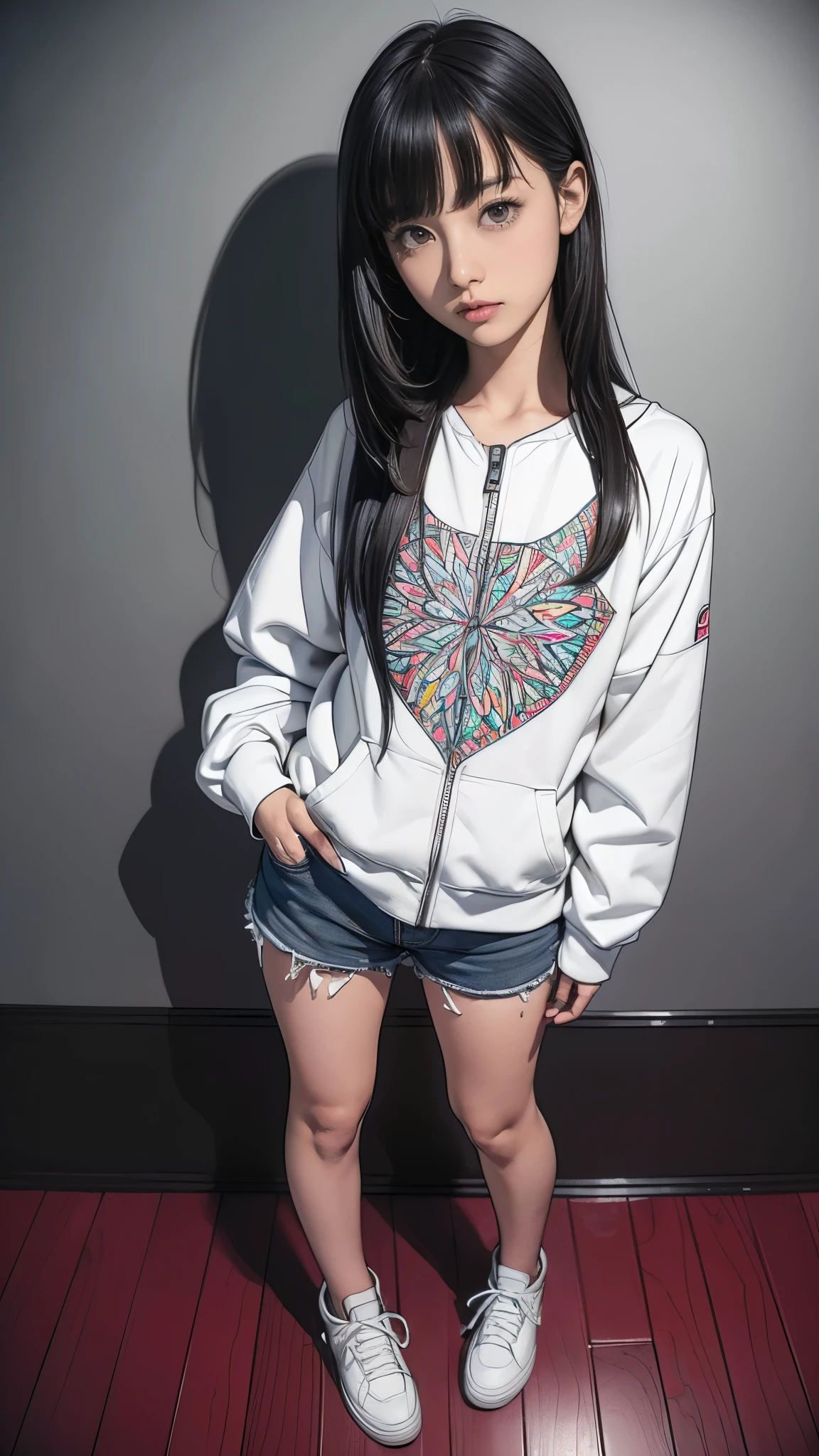 (((Highly detailed CG unit 8K wallpaper:1.2, masterpiece, High resolution:1.2, Highest quality:1.2, Tabletop))), ((A very beautiful 13 year old girl, (Very good:1.5), Put your hands in your pockets:1.8, Grunge Fashion:1.2, wear a blouson:1.2, Wearing shorts, Thin thighs, Putting on your shoes)), ((Highly detailed face, Highly detailed black eyes, Highly detailed body, Highest qualityのリアルテクスチャスキン)), (Black-haired, Hair length:1.2, White skin, small:1.2), ((Colorful geometric patterns are painted all over the wall...., Colorful wall)), (High Angle:1.2, Fisheye Lens:1.3), Surreal, Digital Painting,