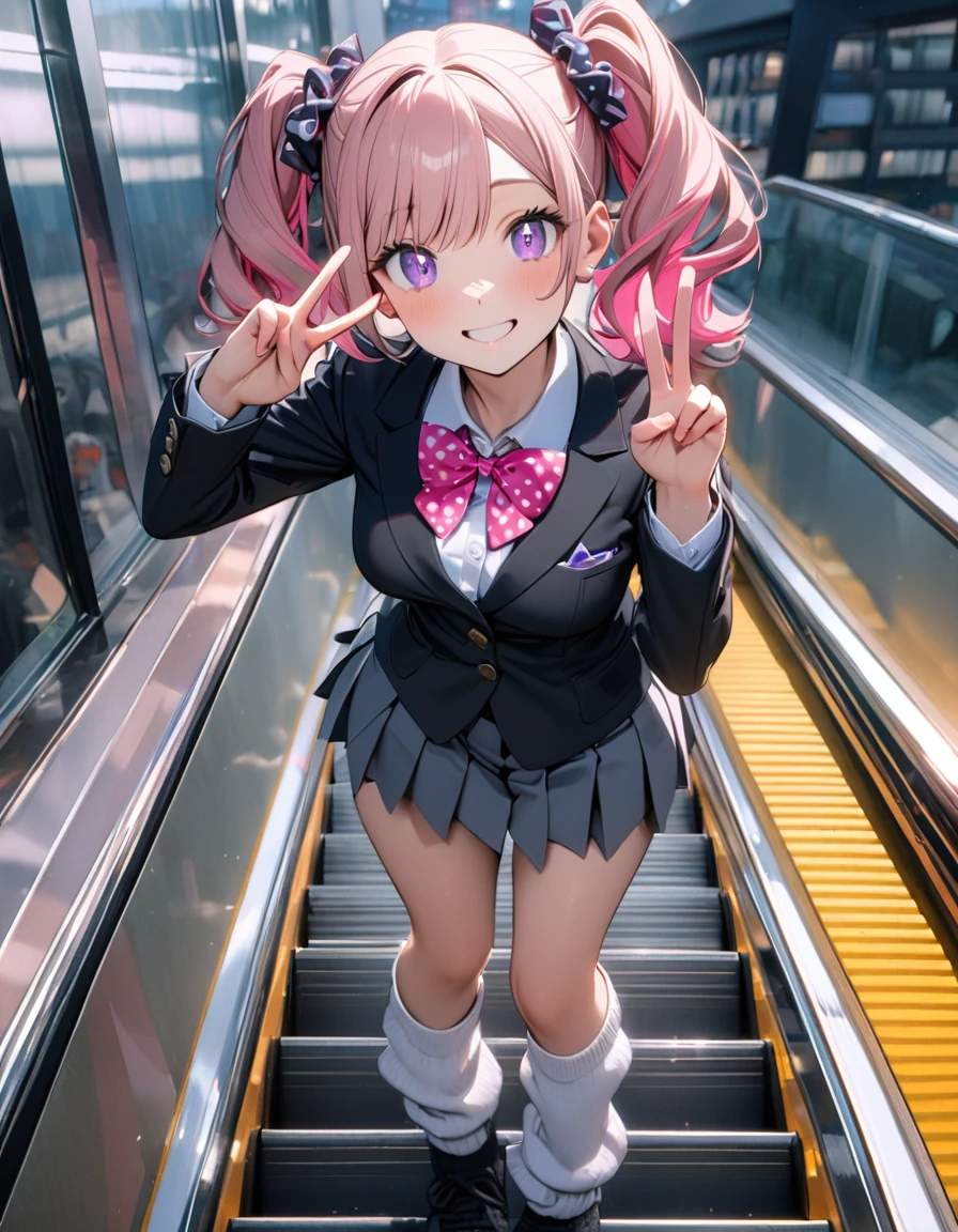 (8K, best quality, master piece: 1.2), super high resolution,1 girl,16yo,solo,1ultra-detailed face,detailed eyes,sparkling pupils,Mascara,Bubblegum Pink hair,natural wave hair,twintails,amethyst Eyes,(scrunchie,blazer,Short pleated skirt),(gray:1.5),navel,polka-dot pattern bow tie,happy,medium breasts,((loose socks)),(making a peace sign),リムライト,standing on a down escalator,Look at Viewer