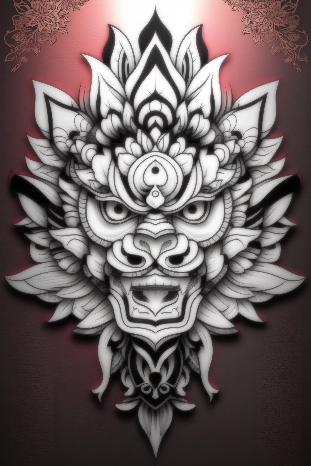 A picture of a mask and a flower, Coloring book outline, detailed Line Art, Line Art, Line Art illustration, Line Art, Illustration black outline, intense Line Art, fine Line Art, Thick lines, intricatedesign, intricate mask, Coloring Pages, Symmetrical and detailed, Delicate and detailed face, Coloring book pages, simple Line Art