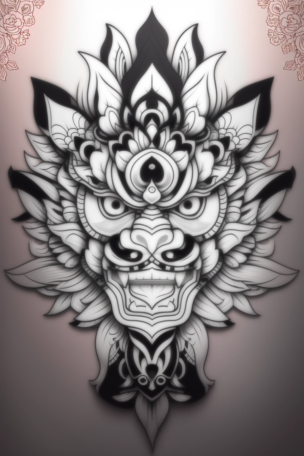 A picture of a mask and a flower, Coloring book outline, detailed Line Art, Line Art, Line Art illustration, Line Art, Illustration black outline, intense Line Art, fine Line Art, Thick lines, intricatedesign, intricate mask, Coloring Pages, Symmetrical and detailed, Delicate and detailed face, Coloring book pages, simple Line Art