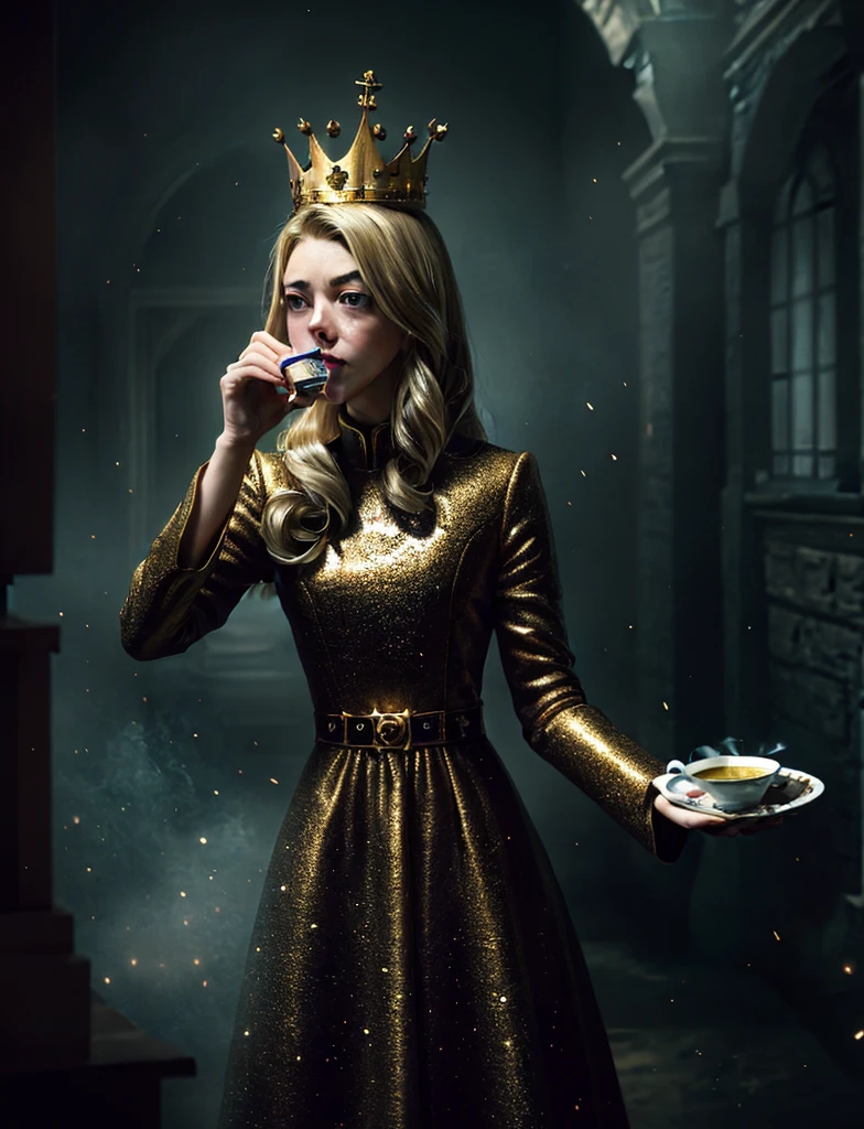 Masterpiece, Best Quality, Very detailed, sharp focus, dynamic lighting, vivid colors, texture detail, particle effects, narrative elements, narrative style, 16k, HDR, subject-background isolation,
surreal dramatic lighting shadow (praise, analogous thing),  blonde woman similar to Amanda Seyfried, brown sultana style dress with a gold crown on the head 1 hand is drinking tea, (perfect hand:1.2),