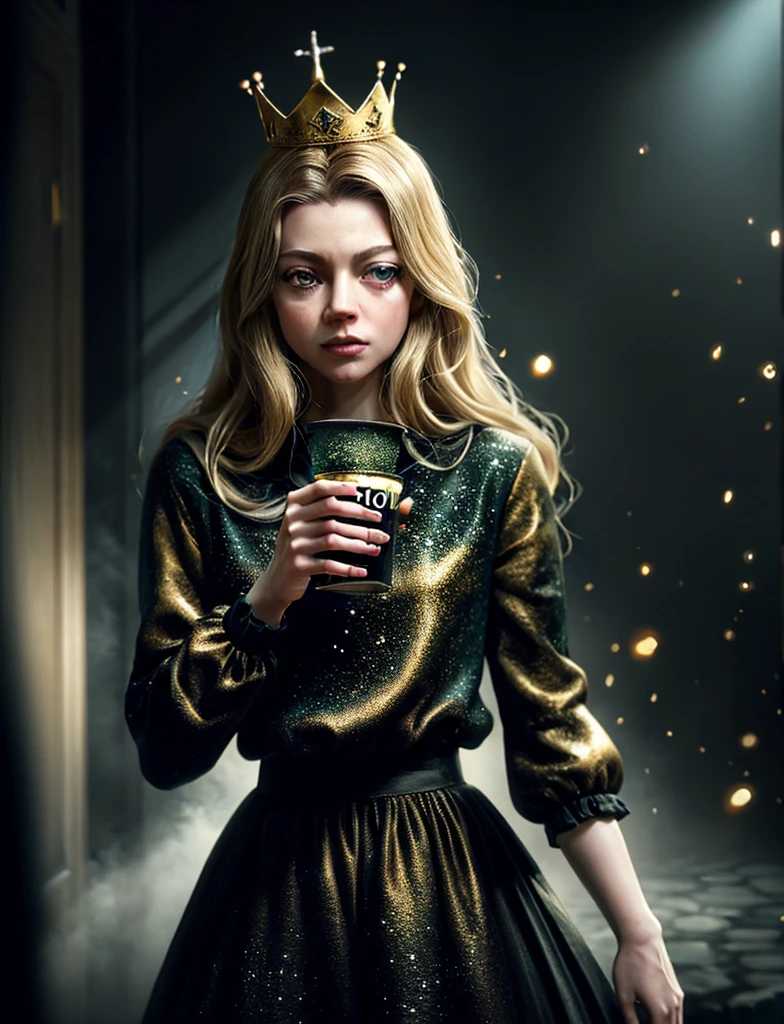 Masterpiece, Best Quality, Very detailed, sharp focus, dynamic lighting, vivid colors, texture detail, particle effects, narrative elements, narrative style, 16k, HDR, subject-background isolation,
surreal dramatic lighting shadow (praise, analogous thing),  blonde woman similar to Amanda Seyfried, brown sultana style dress with a gold crown on the head 1 hand is drinking tea, (perfect hand:1.2),