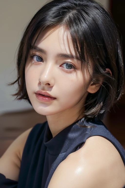 (award winning, 8k, super detailed, high resolution, best quality, photography, perfect anatomy), 1girl, solo, 20 years old girl, beautiful girl, beautiful eyes, detailed eyes, (black eye), Wear a navy blue see-through blouse, short hair, black hair, sitting in lounge, POV, ((upper body portrait)), chill atmosphere, zoom out shoot