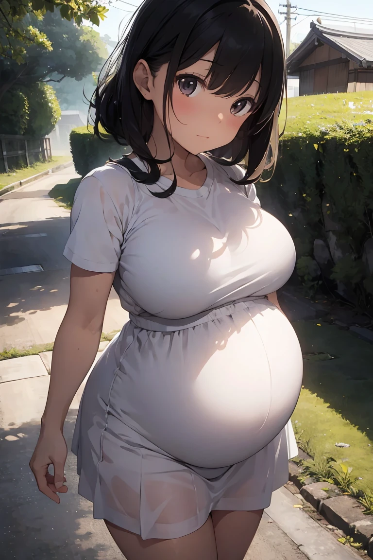 masterpiece, Highest quality, Super detailed, Best Shadow, Beautifully detailed face,  High Contrast,Modern Japan、A beautiful 40-year-old pregnant woman wearing a long white skirt dress. Walking along a Japanese country road surrounded by rice fields. Big breasts. Big butt. Saggy breasts. Short black hair. Sunny weather. buzzer. Sweat. Beige underwear showing through. Gentle expression. Hands clasped behind the back. Barefoot.