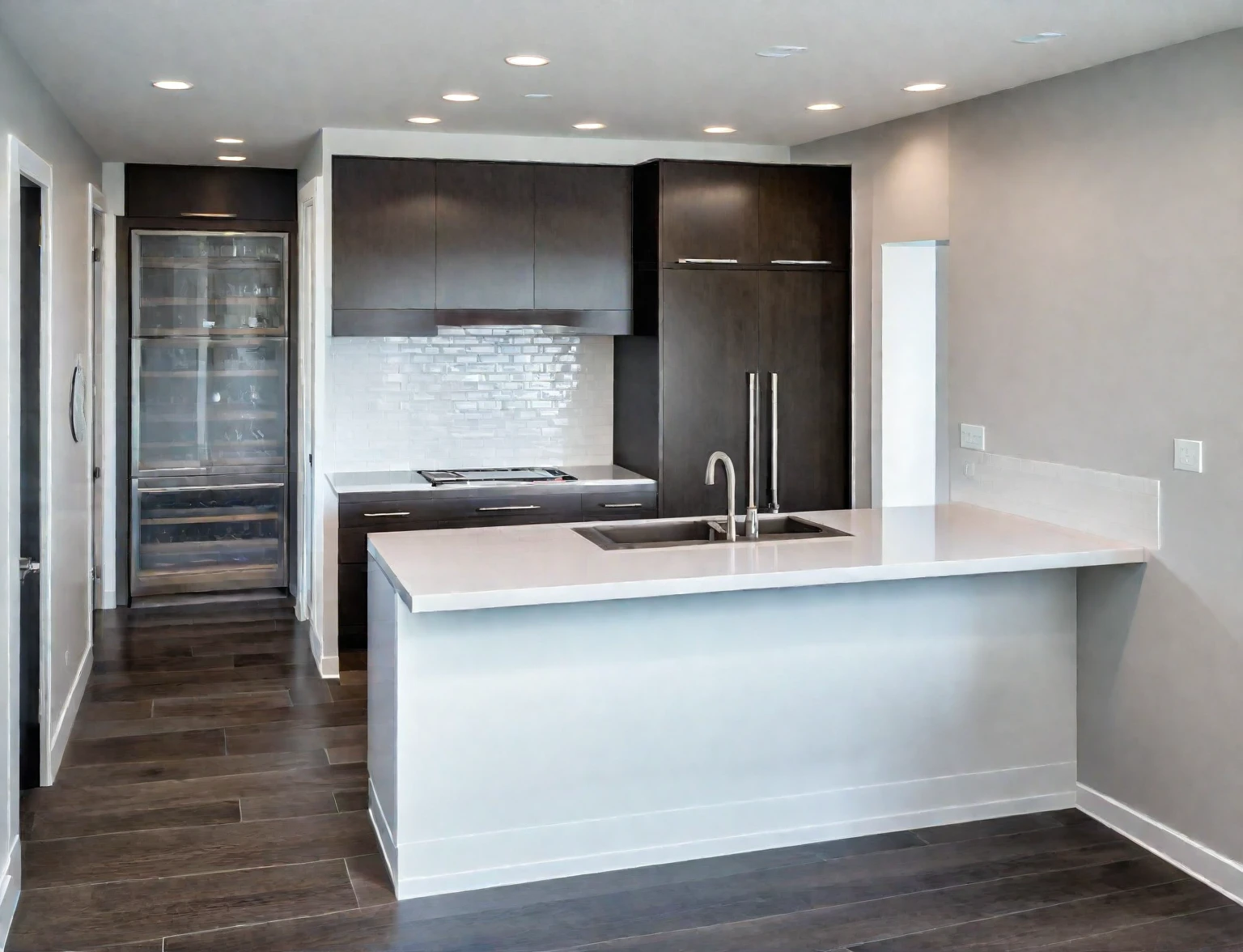 Modern kitchen, kitchen, sleek design, clean lines, stainless steel appliances, polished quartz countertops, matte white and dark wood cabinetry, large island, bar stools, glossy subway tile backsplash, open shelves, pendant lights, neutral-toned tile floor, natural light, bright and inviting