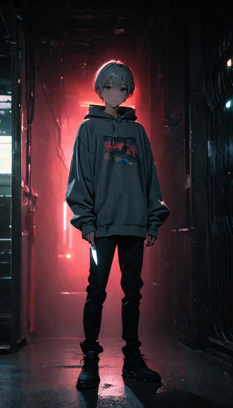 (8K, RAW photos, best quality, masterpiece: 1.4), (((boy standing in the dark))),Ultra-high resolution, Extremely detailed, No Lights, Full body close-up, handsome boy, black eyes, (delicate eyes, Eyes are bright:1.2), Gray short hair, Fair skin,dark, Grey sweatshirt, sweatshirt with hood,(perfect anatomy:1.2), High-quality shadows, Natural Lighting, (White highlights:1.2), night, cloudy day, (Dark Space:1.2), (Boning knife in hand:1.2)