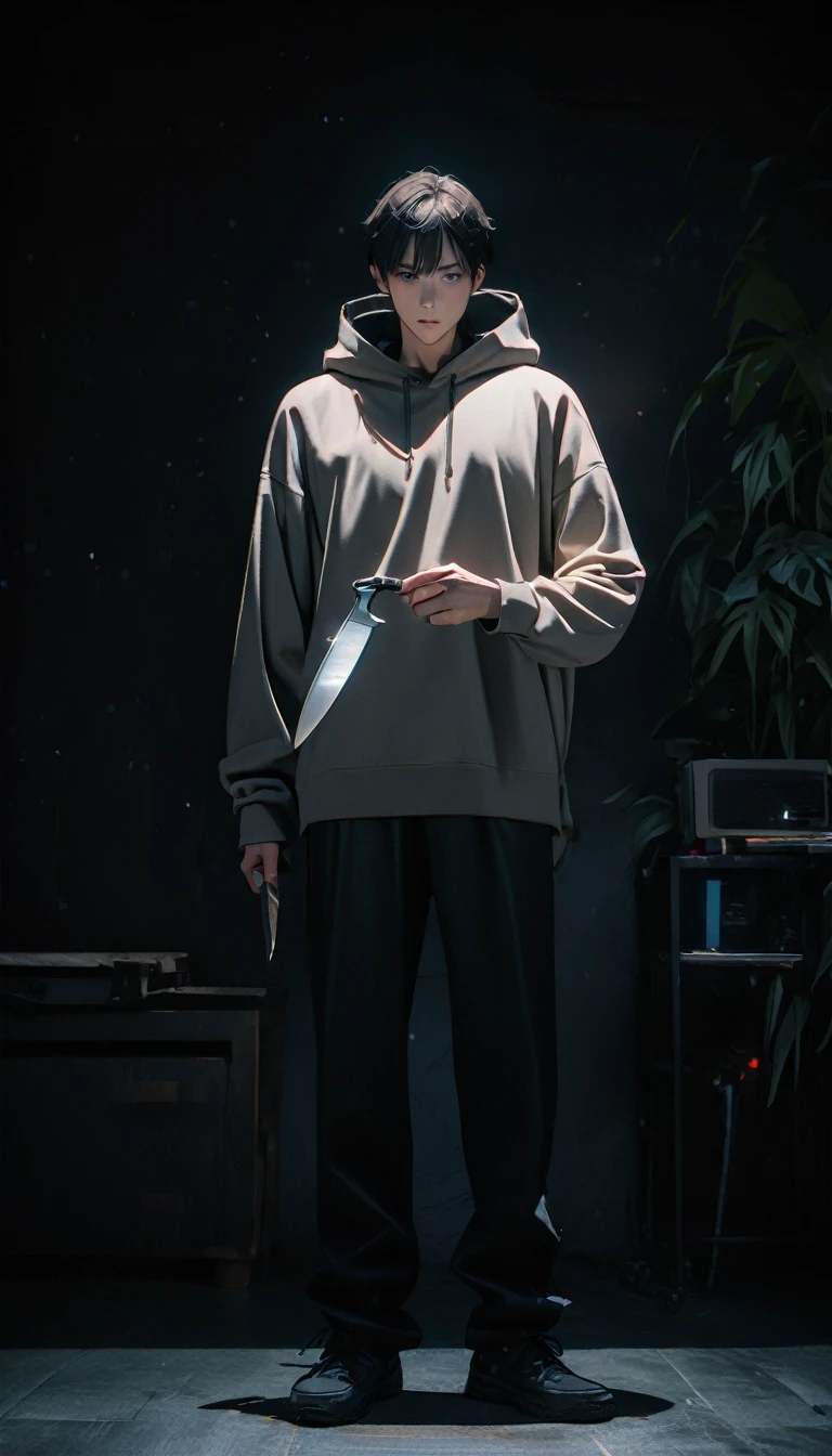 (8K, RAW photos, best quality, masterpiece: 1.4), (((boy standing in the dark))),Ultra-high resolution, Extremely detailed, No Lights, Full body close-up, handsome boy, black eyes, (delicate eyes, Eyes are bright:1.2), Gray short hair, Fair skin,dark, Grey sweatshirt, sweatshirt with hood,(perfect anatomy:1.2), High-quality shadows, Natural Lighting, (White highlights:1.2), night, cloudy day, (Dark Space:1.2), (Boning knife in hand:1.2)