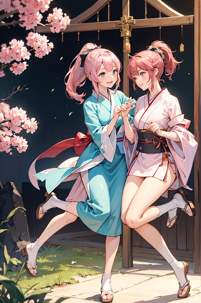 two shot, (2 robot girls), ((masterpiece)), best quality, ultra-detailed, extremely detailed, 4K, 8K, best quality, beautiful, (no bad anatomy), watercolor, anime style, dynamic angle, jumping pose, Japanese-style room, 2 cute girls, shrine maiden, beautiful pink hair, beautiful silver eyes, beautiful eyes, ponytail, flowers, Japanese sword, smile, light smile, sparkling effect