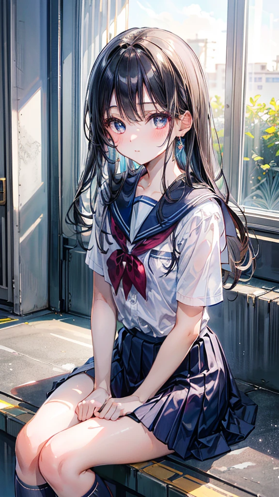 (Best quality, 8k, 32k, Masterpiece, UHD,:1.2),RAW, 1girl,ultra cute , natural lighting,transparent shining eyes, 20yo ,fair complexion, ((school uniform)), sitting on stairs, Closeup shot, wedgie,