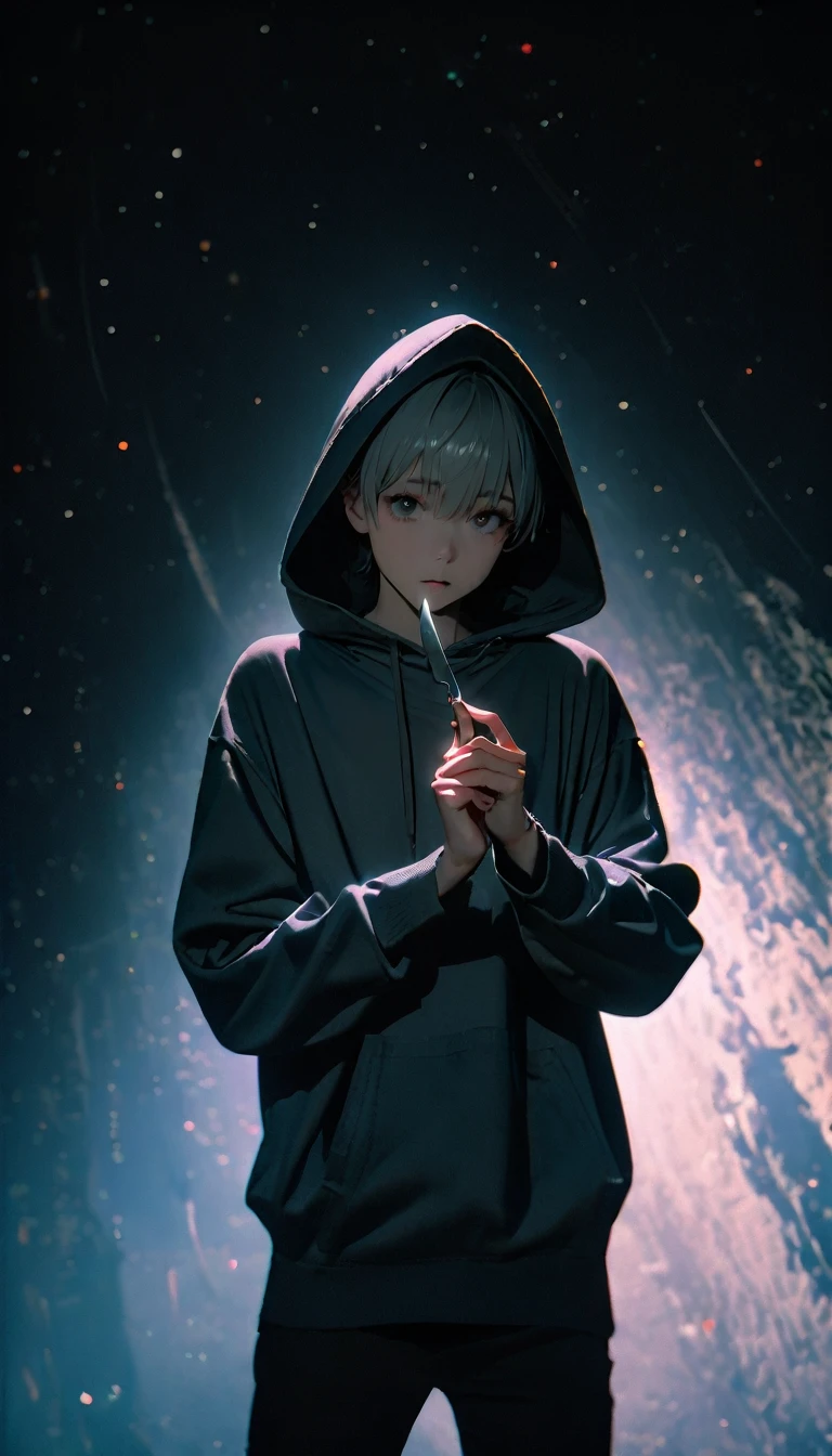 (8K, RAW photos, best quality, masterpiece: 1.4), (((boy standing in the dark))),Ultra-high resolution, Extremely detailed, No Lights, Full body close-up, handsome boy, black eyes, (delicate eyes, Eyes are bright:1.2), Gray short hair, Fair skin,dark, Grey sweatshirt, sweatshirt with hood,(perfect anatomy:1.2), High-quality shadows, Natural Lighting, (White highlights:1.2), night, cloudy day, (Dark Space:1.2), (Boning knife in hand:1.2)