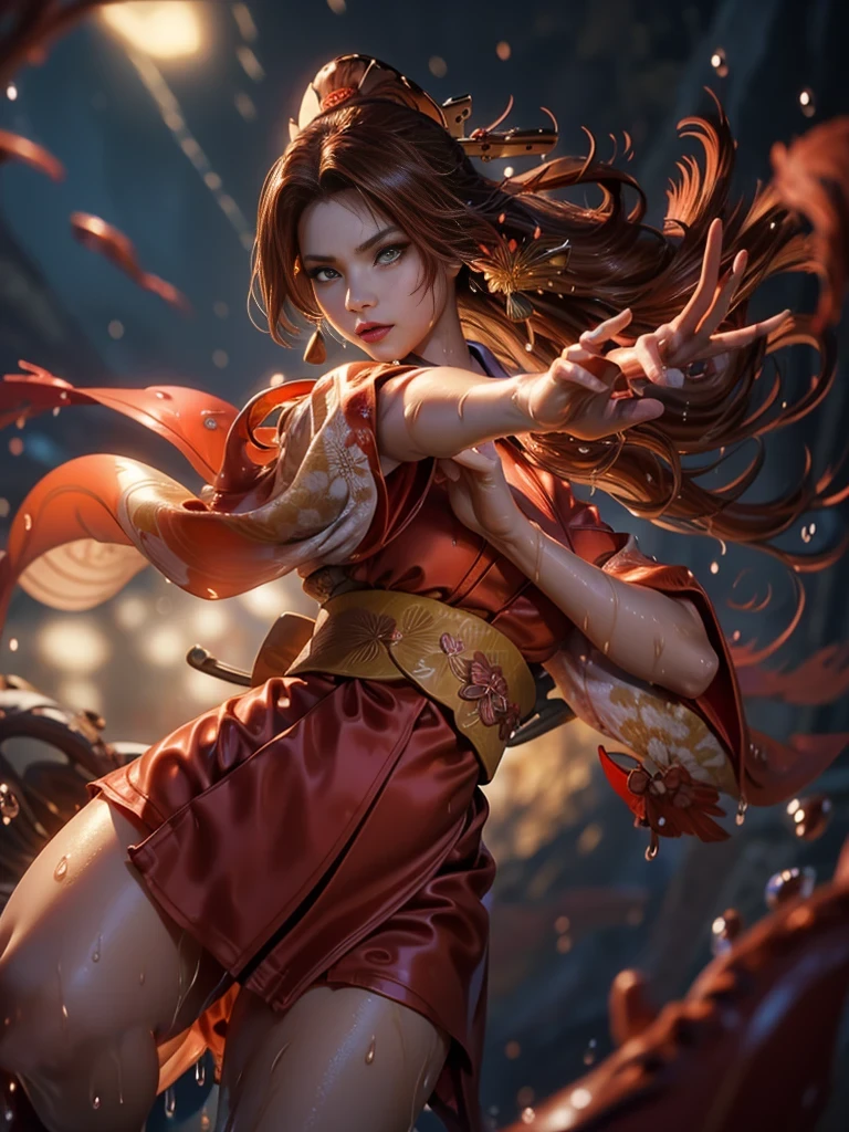 (exquisitely detailed CG unity 8k wallpaper, masterpiece-quality with stunning realism), (best illumination, best shadow), (best quality), (elegant style:1.2), Arti modern anime. angled view, heroic pose, (cel-shading style:1.3), centered image, ultra detailed closeup portrait of (Mai Shiranui:1) from (King of Fighters), best quality, expressive eyes, perfect face, highres, (ultra details), 1 girl, solo, (brown hair:1), hair ornament, eyeshadow, (gold, white and mainly red qipao:1), highly ornamented, (in Tokyo City:1), portrait, looking at the viewer, piercing eyes, full body, (light from the angle:1) (wind blowing:1.2).(depth of field effects:1.3) (motion action:1.2) (closeup:1.2) (motion blur effects:1), Thin to transparent,see-through, (((Soggy-kimono:1.2))),Lace fabric, (((water-immersed body: 0.9))), jewellery, (holding an oriental fan on fire:1.1), (asian face:1), nail polish, makeup , (fighting attack pose:1.2), (spinning turning around:1.2)