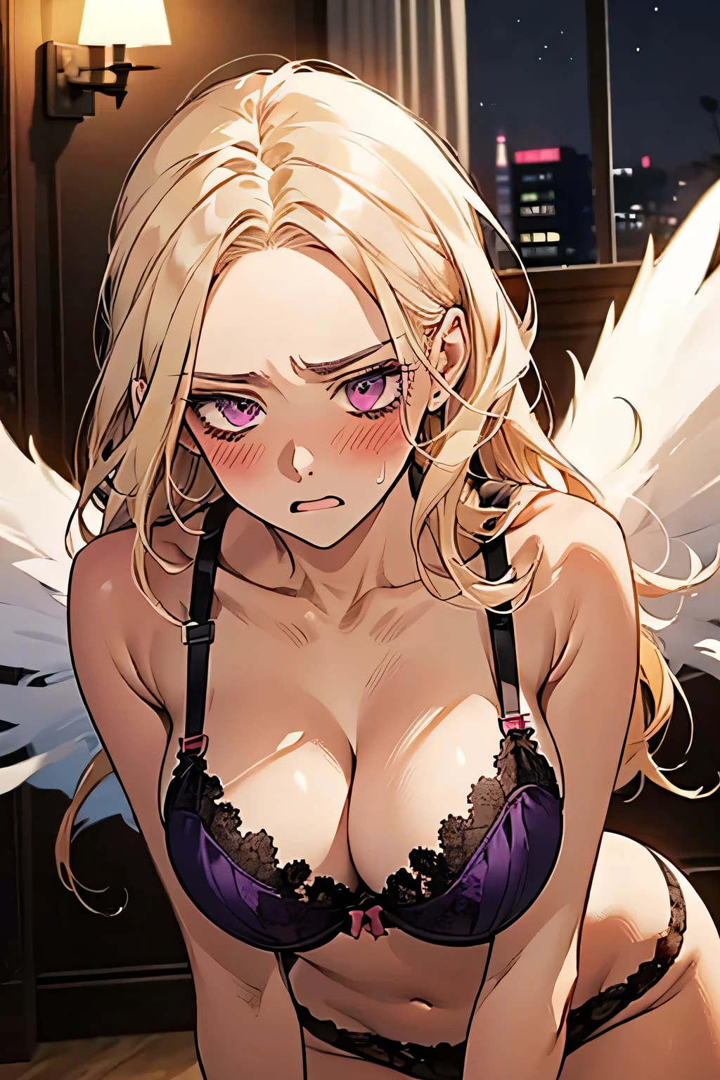 ((blonde)),Forehead,((anger:1.1)),((Embarrassing:1.1)),((Blush 1.5)),Purple eyes,Large Breasts,Dark purple bra,((Brown Skin:1.5)),Angel Wings,face down. Background is indoor,night.