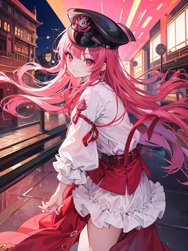 woman, red eyes, long curry wauy pink hair. wear gakuran, arrogant, independent woman. background in mansion. kind smile. wear noble lady hat