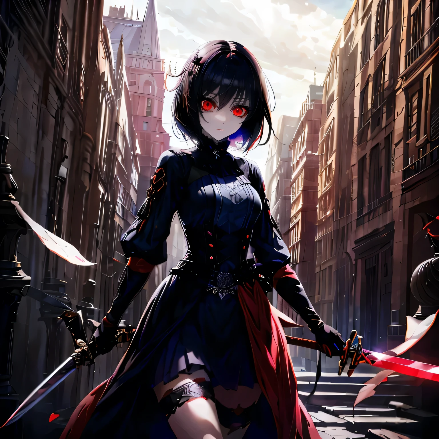 A beautiful anime girl, short black hair, vibrant red eyes, detailed facial features, highly detailed, 8k, photorealistic, digital painting, dramatic lighting, cinematic, elegant, dramatic, fantasy, surreal, Dressed modestly, far away from the camera, 1 person, holding a sword, gothic