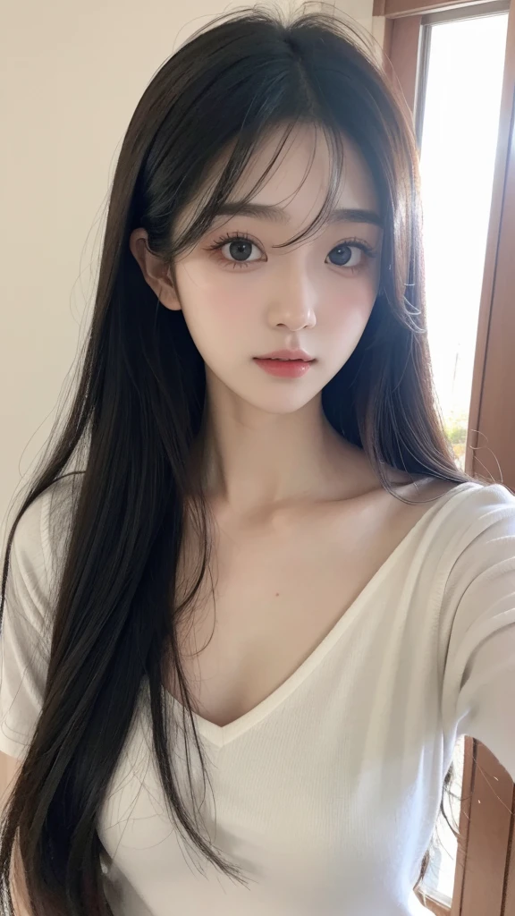 Woman with long hair and white shirt, Dilraba Dilmurat, Young and adorable Korean face, 8K Selfie, Girl cute beautiful face, With a cute - lovely - face, Young and pretty Asian face, Ulzzang, One adorable Korean face, Gentle eyes and a slim chin, Cute natural anime face, Beautiful aesthetic face, chestの谷間, big_chest