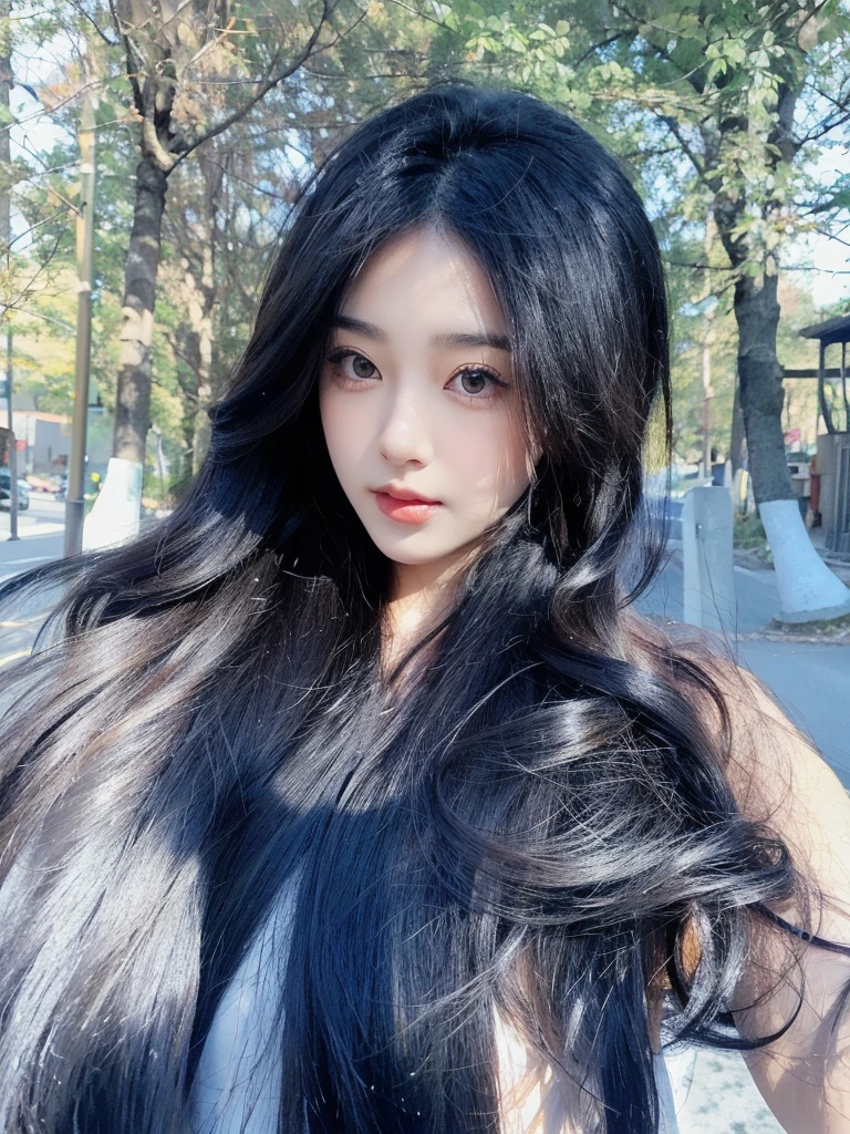 Middle-parted bangs,Black long curly hair,Beautiful maple tree background on the road,Natural and beautiful hair