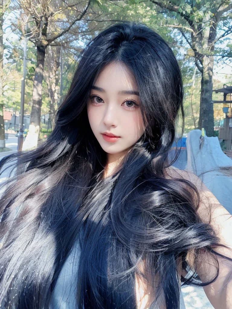 Middle-parted bangs,Black long curly hair,Beautiful maple tree background on the road,Natural and beautiful hair