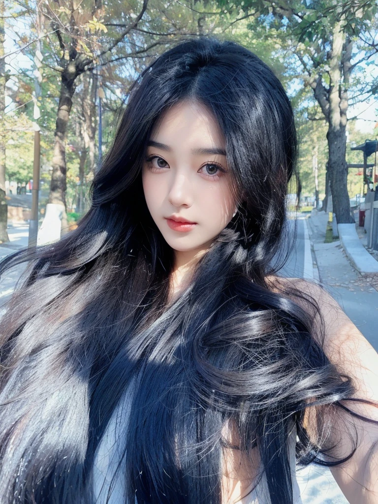 Middle-parted bangs,Black long curly hair,Beautiful maple tree background on the road,Natural and beautiful hair