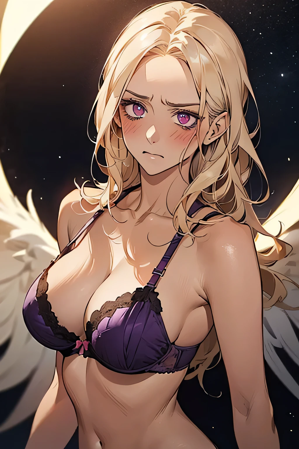 Close-up shot,Are standing,((bionde)),Forehead,((Anger:1.1)),((Embarrassing:1.1)),((Blush 1.5)),Purple eyes,Large Breasts,Dark purple bra,((Brown Skin:1.5)),Angel wings. The background is the night view of Las Vegas,night.