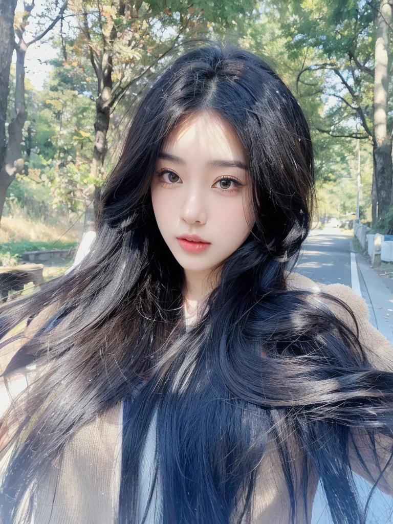 Middle-parted bangs,Black long curly hair,Beautiful maple tree background on the road,Natural and beautiful hair