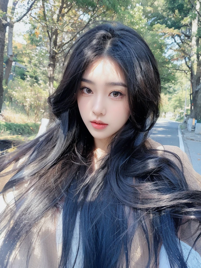 Middle-parted bangs,Black long curly hair,Beautiful maple tree background on the road,Natural and beautiful hair
