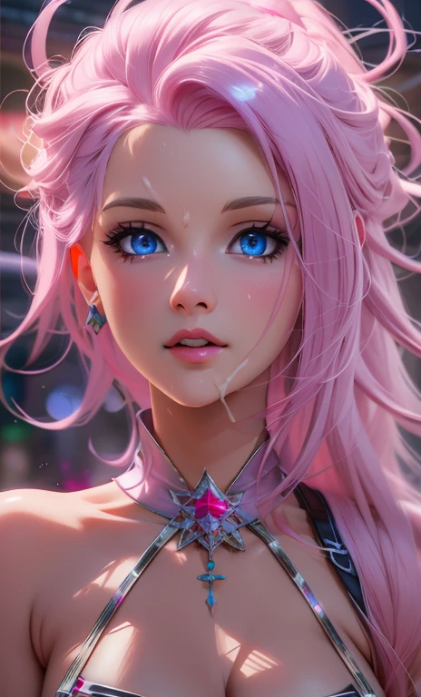 anime girl with pink hair and blue eyes posing for a picture, detailed digital anime art, 8k high quality detailed art, 3 d render character art 8 k, ross tran 8 k, deviantart artstation cgscosiety, fantasy art style, stunning anime face portrait, 2. 5 d cgi anime fantasy artwork, 4k highly detailed digital art, beautiful digital artwork, cum facial,  cum hair,  cum eyes, cum lips, cum clothes 