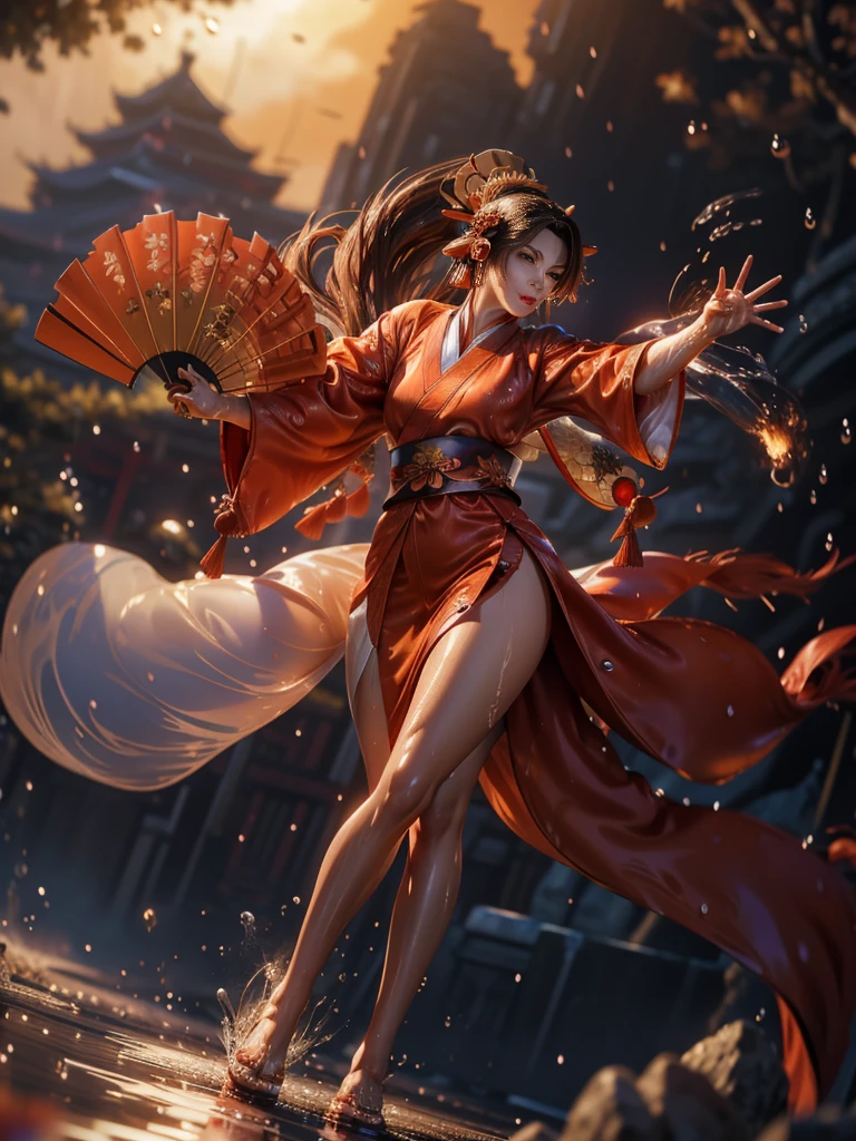 (exquisitely detailed CG unity 8k wallpaper, masterpiece-quality with stunning realism), (best illumination, best shadow), (best quality), (elegant style:1.2), Arti modern anime. angled view, heroic pose, (cel-shading style:1.3), centered image, ultra detailed closeup portrait of (Mai Shiranui:1) from (King of Fighters), best quality, expressive eyes, perfect face, highres, (ultra details), 1 girl, solo, (brown hair:1), hair ornament, eyeshadow, (gold, white and mainly red qipao:1), highly ornamented, (in Tokyo City:1), portrait, looking at the viewer, piercing eyes, full body, (light from the angle:1) (wind blowing:1.2).(depth of field effects:1.3) (motion action:1.2) (closeup:1.2) (motion blur effects:1), Thin to transparent,see-through, (((Soggy-kimono:1.2))),Lace fabric, (((water-immersed body: 0.9))), jewellery, (holding an oriental fan on fire:1.1), (asian face:1), nail polish, makeup , (fighting attack pose:1.2), (spinning turning around:1.2), (dress qipao on fire:1.3)