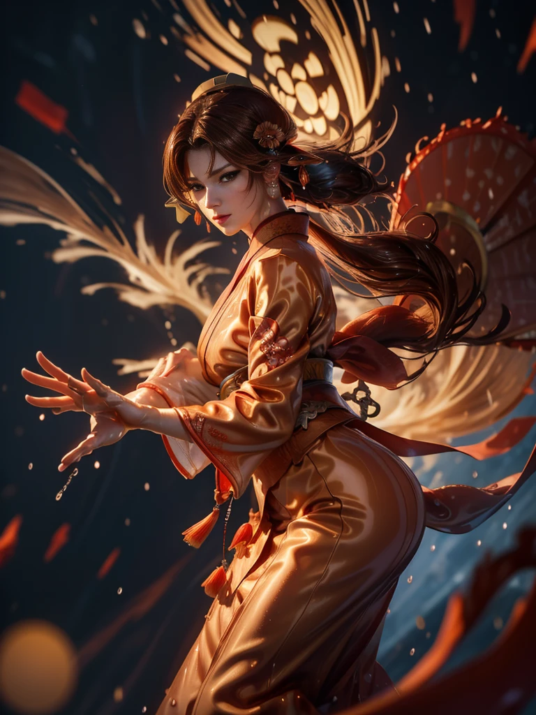 (exquisitely detailed CG unity 8k wallpaper, masterpiece-quality with stunning realism), (best illumination, best shadow), (best quality), (elegant style:1.2), Arti modern anime. angled view, heroic pose, (cel-shading style:1.3), centered image, ultra detailed closeup portrait of (Mai Shiranui:1) from (King of Fighters), best quality, expressive eyes, perfect face, highres, (ultra details), 1 girl, solo, (brown hair:1), hair ornament, eyeshadow, (gold, white and mainly red qipao:1), highly ornamented, (in Tokyo City:1), portrait, looking at the viewer, piercing eyes, full body, (light from the angle:1) (wind blowing:1.2).(depth of field effects:1.3) (motion action:1.2) (closeup:1.2) (motion blur effects:1), Thin to transparent,see-through, (((Soggy-kimono:1.2))),Lace fabric, (((water-immersed body: 0.9))), jewellery, (holding an oriental fan on fire:.8), (asian face:1), nail polish, makeup , (fighting attack pose:1.2), (spinning turning around:1), (clothing on fire with flames:1)
