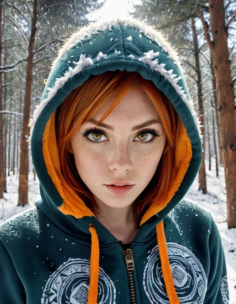 A hyper-realistic portrait of a fierce warrior with orange hair, wearing a fur-lined hoodie with tribal patterns, set in a snowy forest with a dramatic atmosphere.