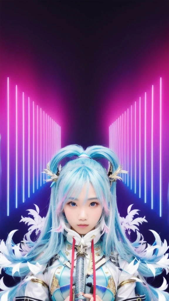 create realistic image from a close up of a
Indonesia girl 25 years old with long hair and a sword, pink twintail hair and cyan eyes, very realistic and very detailed,