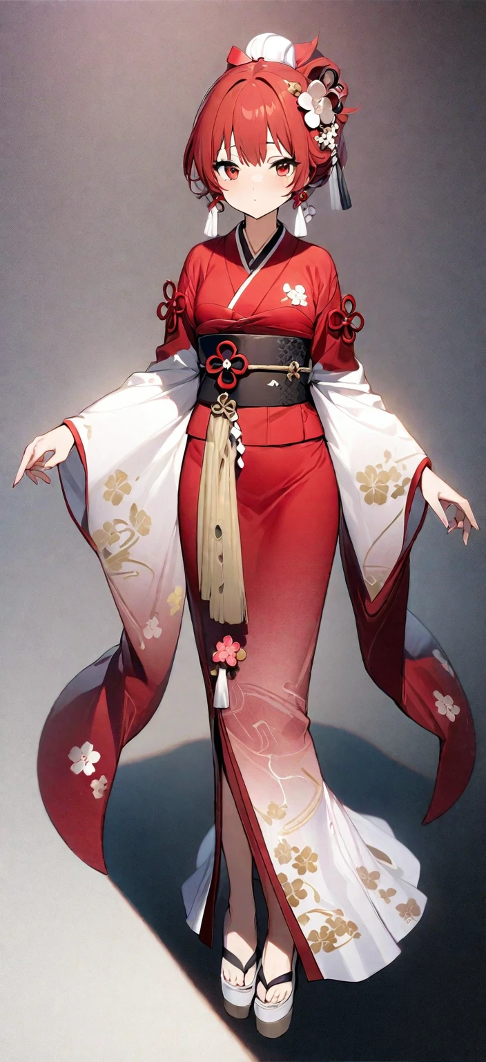 Adult women、((masterpiece, Highest quality)), (One girl), (alone)、Older sister in her late 30s, Red Hair、Character portrait、Plum blossom accessories、Red kimono、White background、Long white hair、Red eyes