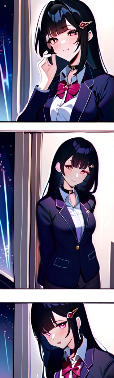 masterpiece, top quality,blazer,one girl,Honkai_(row),shirt, Head_tape,Green_tape, Side lock,with a collar_shirt, smile, hair_ornament, hair_reception, Honkai:_star_rail, tape, Open_cloth, school_uniform, One, hairclip,NFV,White class,shirtを脱ぐ