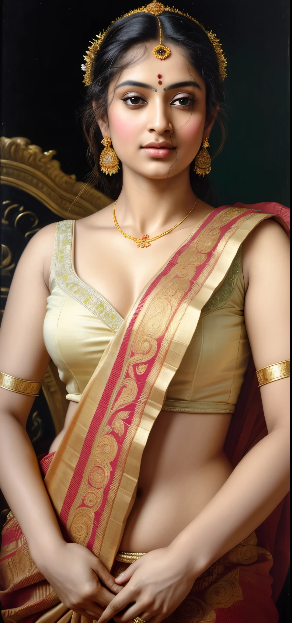 Beautiful Indian Woman, wearing saree, sari Beauty, gorgeous, Apsara, Maharani, royal queen woman, nymph from Hindu Mythology, Urvashi, matchless beauty, Highly detailed, Oil Painting by Peter Paul Rubens inspired by Raja Ravi Varma, Matchless beauty, captivating, gorgeous, heavenly beauty, celestial beauty, by Peter Paul Rubens, 13, realistic, hyper realistic, micro details, incredible artwork, insane details, ultra High resolution, 8k, 32k, acrylic on canvas, intricate, flawless, detailed, detailed face, detailed eyes, masterpiece, by Peter Paul Rubens, by Caravaggio, by William Adolphe bouguereau, perfect face, perfect body, beautiful art, realism, baroque, renaissance Art, highly textured, beautiful and detailed eyes, uhd, best quality, flawless art, detailed art,