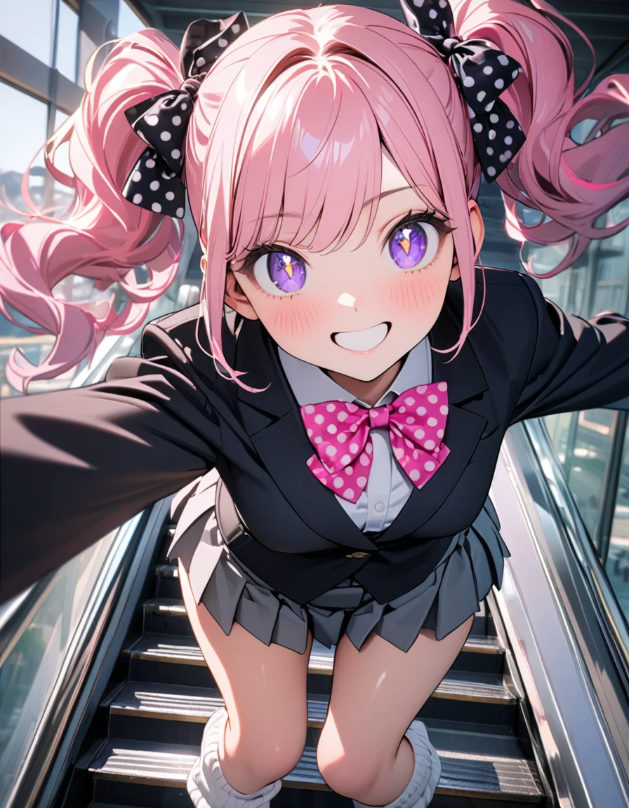 (8K, best quality, master piece: 1.2), super high resolution,1 girl,16yo,solo,1ultra-detailed face,detailed eyes,sparkling pupils,Mascara,Bubblegum Pink hair,natural wave hair,twintails,amethyst Eyes,(scrunchie,blazer,Short pleated skirt),(gray:1.5),navel,polka-dot pattern bow tie,happy,medium breasts,((loose socks)),(making a peace sign),リムライト,standing on a down escalator,Look at Viewer