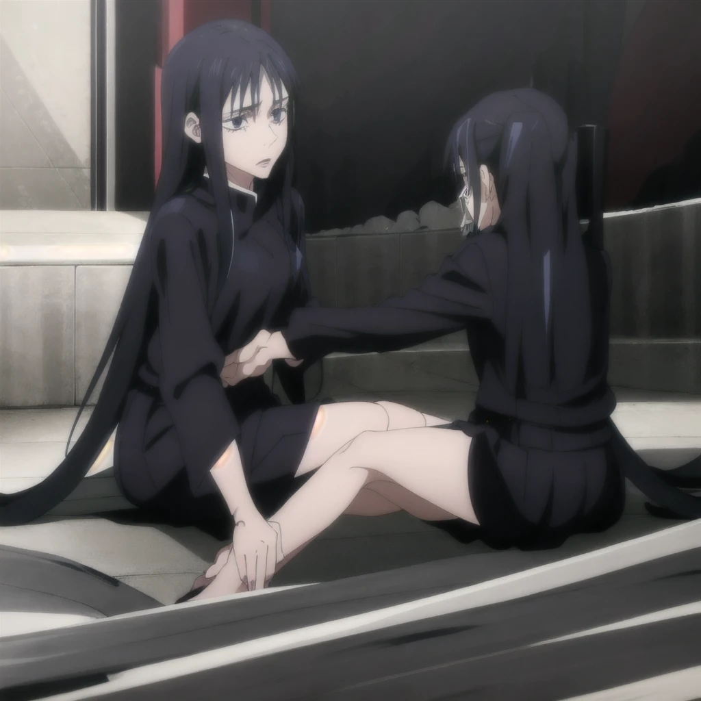 black-haired girl, long straight hair, serious expression, blue eyes, long eyelashes, hourglass-shaped body, black and red yukata, sitting on her knees alone