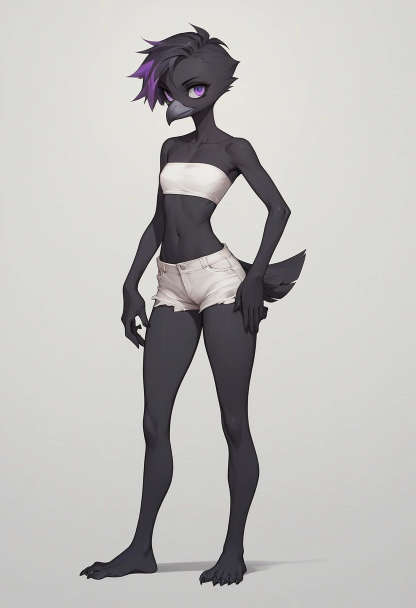 Score_9, score_8_up, score_7_up, flat colors,  an Anthro avian crow girl, female, small grey beak, tall, small crow tail, black body, standing, white background, purple eyes, short black emo hair, hands with five fingers, wearing white bandeau, white short shorts, full body shot, plantigrade bird feet with three toes,