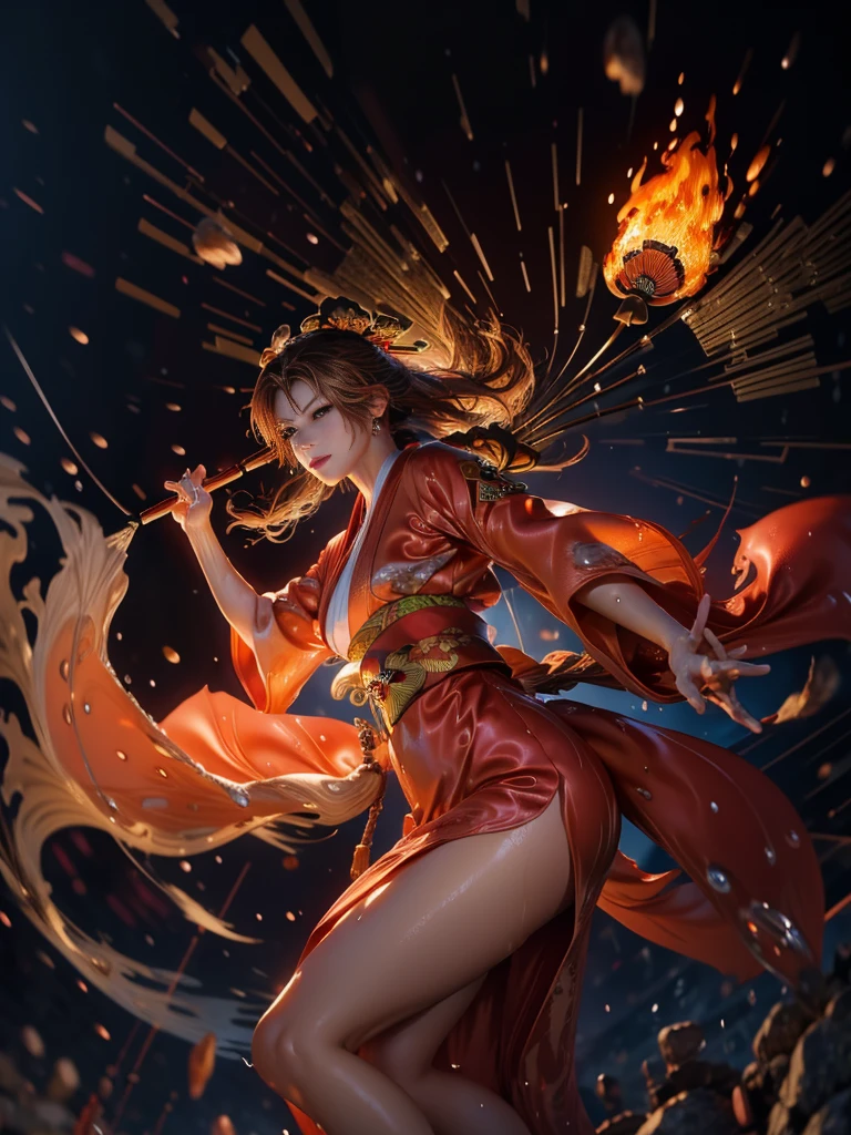 (exquisitely detailed CG unity 8k wallpaper, masterpiece-quality with stunning realism), (best illumination, best shadow), (best quality), (elegant style:1.2), Arti modern anime. angled view, heroic pose, midshot, (cel-shading style:1.3), centered image, ultra detailed closeup portrait of (Mai Shiranui:1) from (King of Fighters), best quality, expressive eyes, perfect face, highres, (ultra details), 1 girl, solo, (brown hair:1), hair ornament, eyeshadow, (gold, white and mainly red qipao:1), highly ornamented, (in Tokyo City:1), portrait, looking at the viewer, piercing eyes, full body, (light from the angle:1) (wind blowing:1.2).(depth of field effects:1.3) (motion action:1.2) (closeup:1.2) (motion blur effects:1), spreading feet, Thin to transparent,see-through, (((Soggy-kimono:1.2))),Lace fabric, (((water-immersed body: 0.9))), jewellery, (lying down:1) (holding an oriental fan on fire:1.1), (hands down:1), (asian face:1), nail polish, makeup