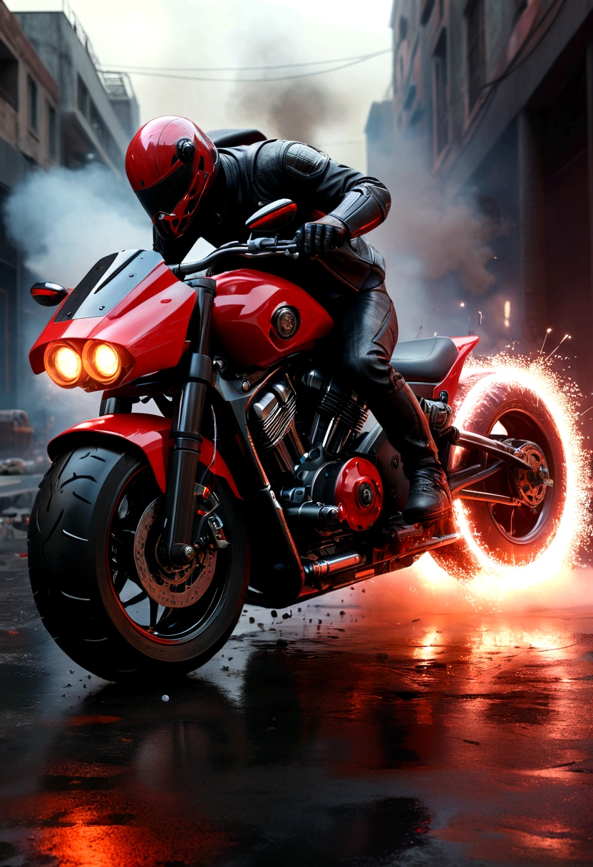 futuristic_monstrous_motorcycle, V8 engine, full_body_augmented, heavy_weaponry, perfect architect, red_black_color, heavy_smoke, motion blur, UHD,epic Realism, ultra detailed, cinematic portrait, 265/50/17 tires, debris, bullet rain, ricochets effect, sparks.