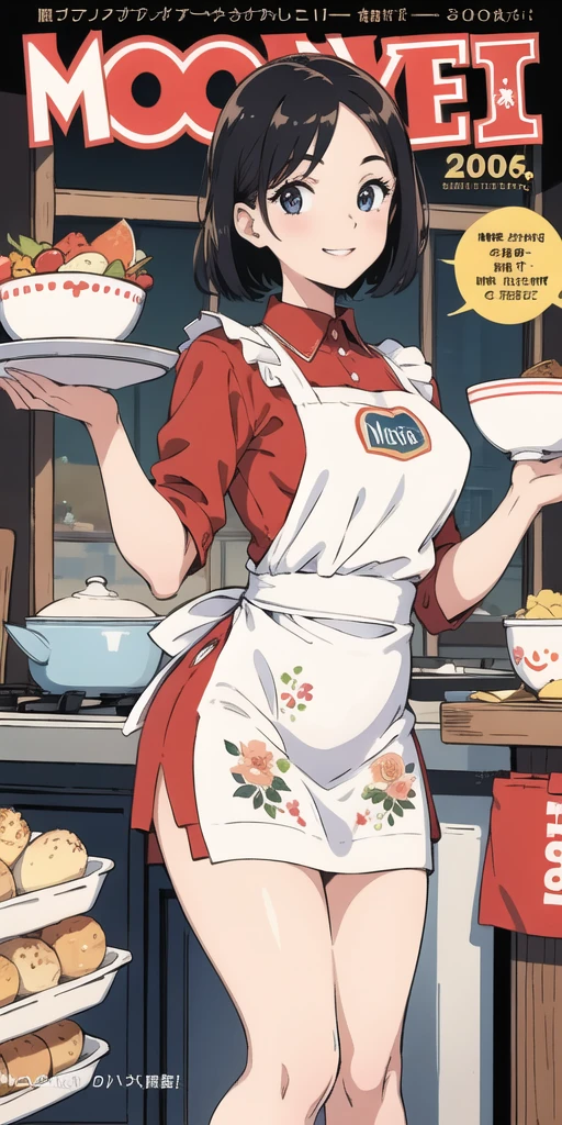 woman,pastry chef.apron.nude.forehead.bright and cheerful smile.heart chocolate.hair band