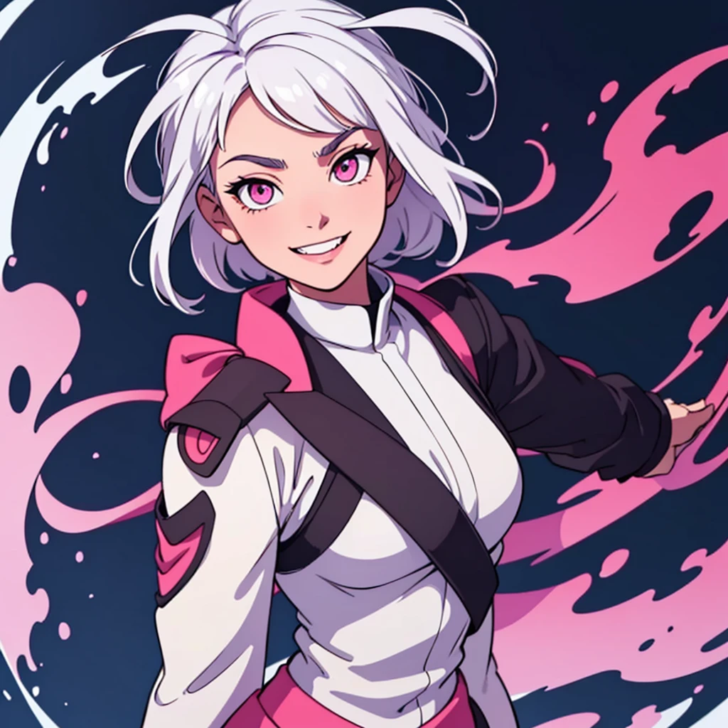 short white hair, highres, high resolution, masterpiece, wide dark pink eyes, looking right, looking towards the right, looking rightward, looking downwards, looking more down, seriously looking down, head facing down head tilted down, talking, grinning, confident, masterpiece, best quality, highres, 1 man, Gojo Satoru jujutsu kaisen, wavy hair, white hair, medium short hair, teenager, colorful hair, light background, full body, teenager, colorful parts, symbols, dark , bold, realistic mixing dark lines and loose lines, bold lines, on paper, human man, full body, imposing pose, stylish outfit, dark theme, beautiful, pretty, modest, standing, male, sharp chin, high cheekbones, white background, highres, high resolution, masterpiece, smile, happy, big smile, teeth showing smile, huge smile, mouth wide open smile
