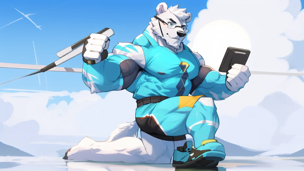 solo, 1boy, Huge Muscular White Polar Bear wearing glasses, huge white fur, pectoral, huge pectoral, wide pectoral, short white hair, blue colored short pants, blue colored wristbands and blue colored tank top, white bearded, white Mustache, white fur, simple background, masterpiece, high detailed, 8k, high resolution, at the gym, flexes huge muscles