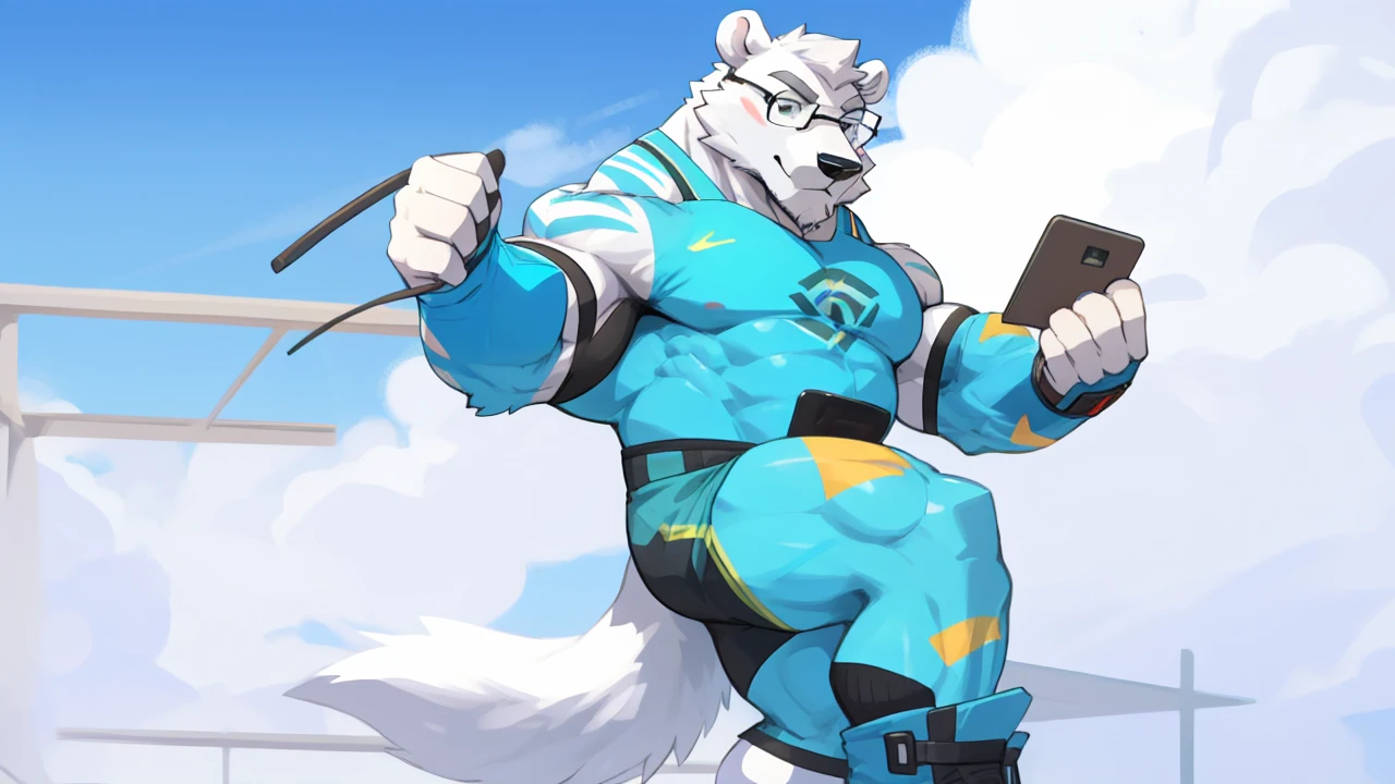 solo, 1boy, Huge Muscular White Polar Bear wearing glasses, huge white fur, pectoral, huge pectoral, wide pectoral, short white hair, blue colored short pants, blue colored wristbands and blue colored tank top, white bearded, white Mustache, white fur, simple background, masterpiece, high detailed, 8k, high resolution, at the gym, flexes huge muscles