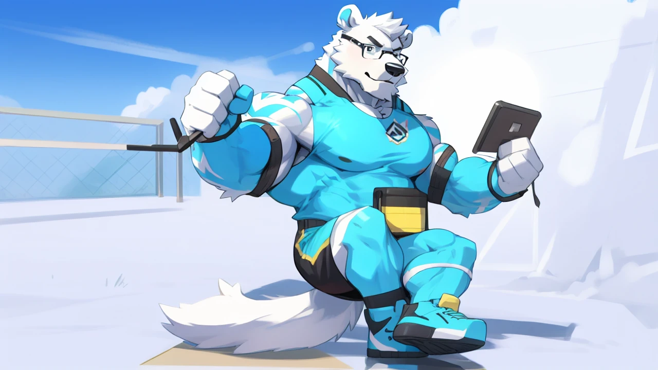 solo, 1boy, Huge Muscular White Polar Bear wearing glasses, huge white fur, pectoral, huge pectoral, wide pectoral, short white hair, blue colored short pants, blue colored wristbands and blue colored tank top, white bearded, white Mustache, white fur, simple background, masterpiece, high detailed, 8k, high resolution, at the gym, flexes huge muscles