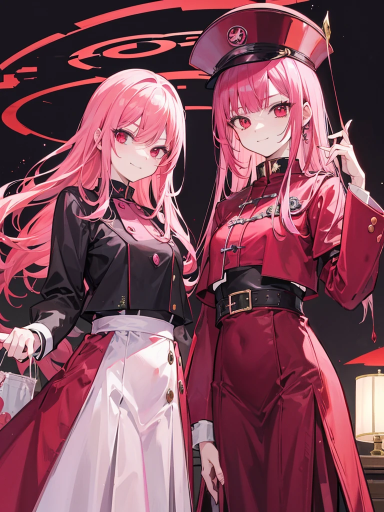 woman, red eyes, long curry wauy pink hair. wear gakuran, arrogant, independent woman. background in mansion. sadistic smile. wear noble lady hat