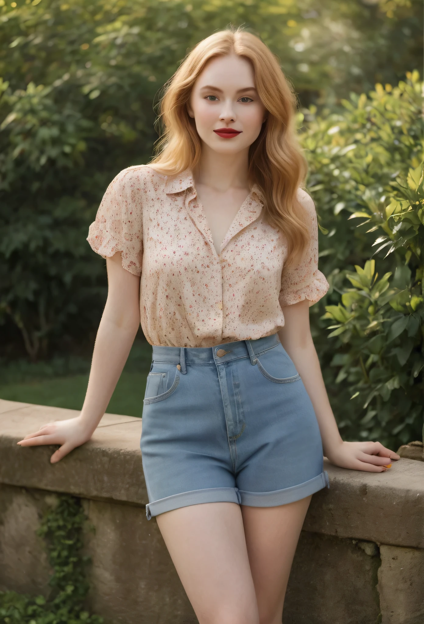 A young woman with a pear-shaped body, narrow shoulders, small bust, narrow waist, wider hips, and full, rounded thighs. She has smooth, pale skin, long wavy strawberry blonde hair, large almond-shaped hazel eyes with thick dark lashes, a heart-shaped face, high cheekbones, a small upturned nose, and full rosy lips, short legs, full body portrait