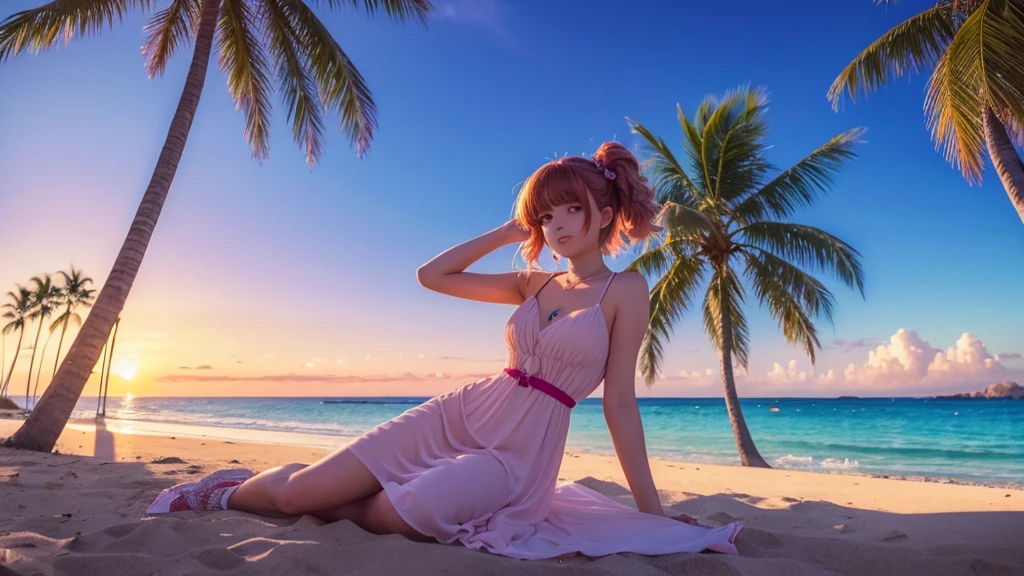 anime cute girl sun bathing with long dress on the sand, behind palm trees and ocean with beautiful sunset in background , lofi girl, art deco outrun anime aesthestic, lofi artstyle, lofi girl aesthetic, lofi aesthetic, 8 0s anime vibe, lofi art, anime vibes, anime aesthetic, lofi vibes, lofi feel, in the art style of 8 0 s anime