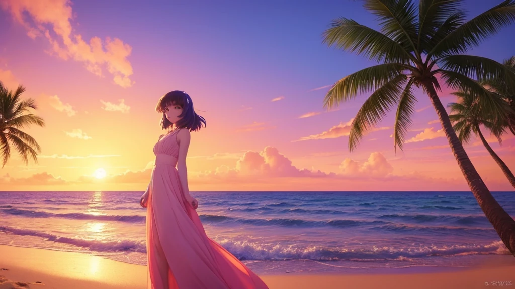 anime cute girl sun bathing with long dress on the sand, behind palm trees and ocean with beautiful sunset in background , lofi girl, art deco outrun anime aesthestic, lofi artstyle, lofi girl aesthetic, lofi aesthetic, 8 0s anime vibe, lofi art, anime vibes, anime aesthetic, lofi vibes, lofi feel, in the art style of 8 0 s anime