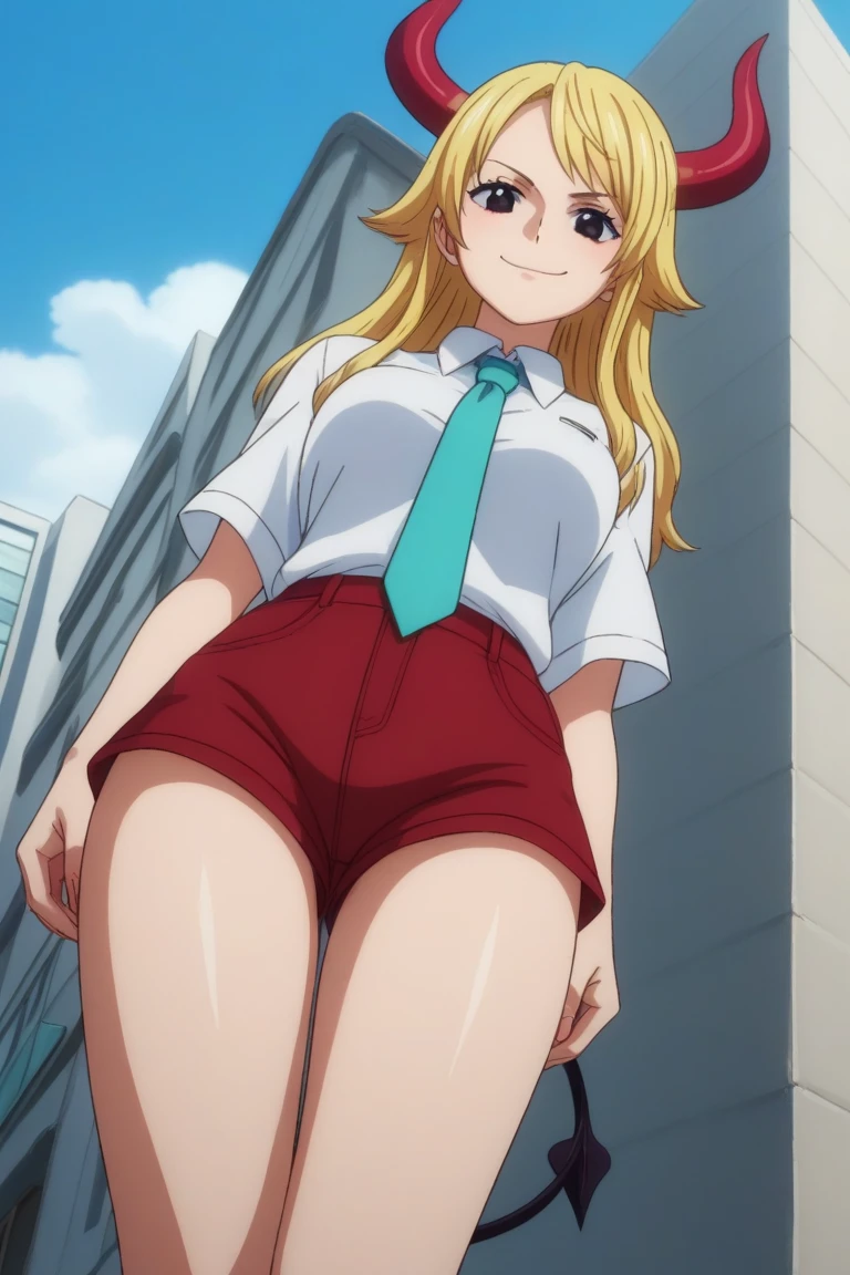 score_9, score_8_up, score_7_up, source_anime, rating_safe, , anime screencap, anime coloring, official style, , , 1girl, black eyes, natural blonde hair, collared shirt, aqua necktie, burgundy shorts, short shorts, demon horns, demon tail, solo, from below, apartment, day, clouds, floating, smirk, one_piece_wano_style, ,