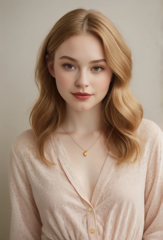 A young woman with a pear-shaped body, narrow shoulders, small bust, narrow waist, wider hips, and full, rounded thighs. She has smooth, pale skin, long wavy strawberry blonde hair, large almond-shaped hazel eyes with thick dark lashes, a heart-shaped face, high cheekbones, a small upturned nose, and full rosy lips, short legs, full body portrait