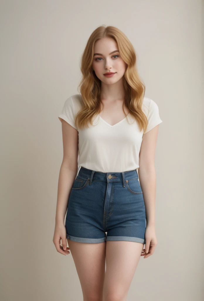 A small young woman with a pear-shaped body, narrow shoulders, small bust, narrow waist, wider hips, and full, rounded thighs. She has smooth, pale skin, long wavy strawberry blonde hair, large almond-shaped hazel eyes with thick dark lashes, a heart-shaped face, high cheekbones, a small upturned nose, and full rosy lips, short legs, full body portrait 